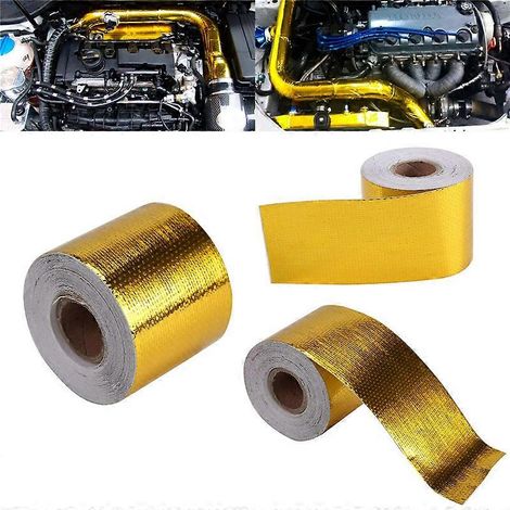 Ruban adhésif réfléchissant la chaleur en fibre de verre 9 m x 5 cm, couleur or, haute température, protection thermique et acoustique, pour accessoires automobiles neufs. (1/5)