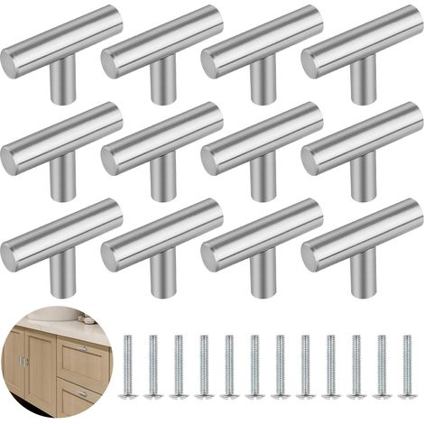 12 Poignee de Meuble,50MM Alliage Aluminium,T Bar Bouton Tiroir,Argenté Pour Placard Cuisine (1/5)