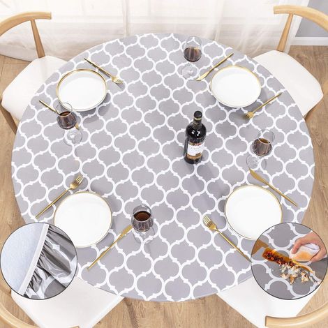 Nappe ronde ajustée en vinyle avec bords élastiques et dos en flanelle, nappe de table ronde imperméable et facile à nettoyer pour intérieur ou extérieur – Convient aux tables jusqu'à 101,6 cm (1/5)
