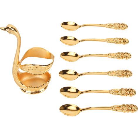 Set aus 6 eleganten und dekorativen, vergoldeten Teelöffeln mit Ständer für Desserts, Eiscreme und Kuchen. (1/5)