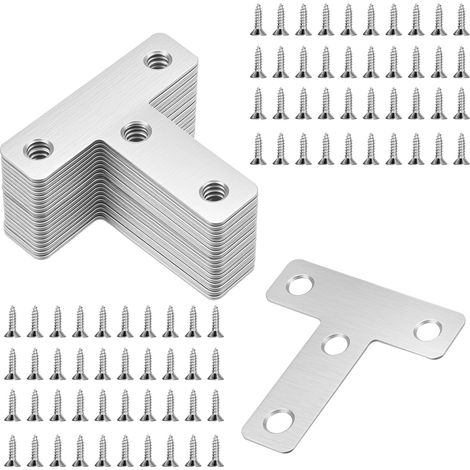 Equerre de Fixation 50x50mm Plats Support en forme de T Metalliques Equerres avec Vis Renforts d'Angle pour la Fixation et la Réparation de Meubles 20 Pièces, Argent