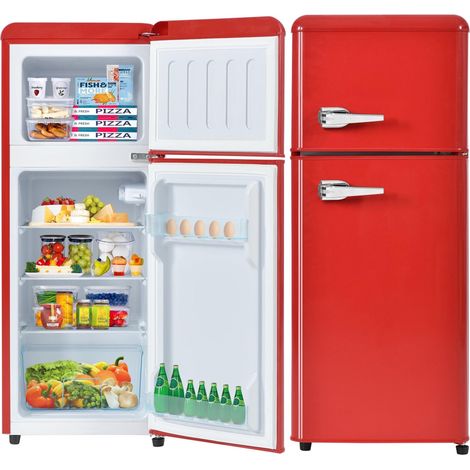 Frigorifero 92L, con 2 porte, compartimento congelatore, illuminazione LED, mensola regolabile e piedi, maniglia in metallo, stile vintage, -27-13°C - rosso