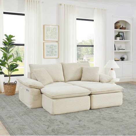 Canapé 2 places en tissu beige, sofá de suelo modular sin montaje con reposapiés móvil (1/5)