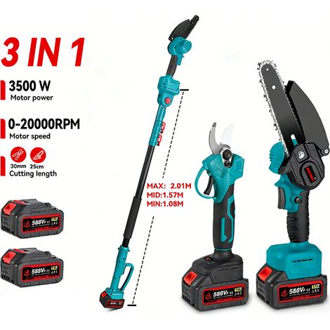 Tronçonneuse + Sécateur 3 en 1 3500W Sans Balais – Outil de Jardin Multifonction avec Perche Télescopique, 2 Batteries 588VF Incluses, Compatible Makita, Coupe & Élagage Haute Performance (1/5)