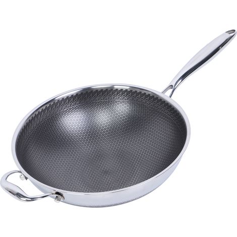 Wok en acier inoxydable 304, wok double face alvéolé, sans fumée, antiadhésif, fond plat, 32 cm, compatible avec les plaques à induction et les cuisinières à gaz (1/5)