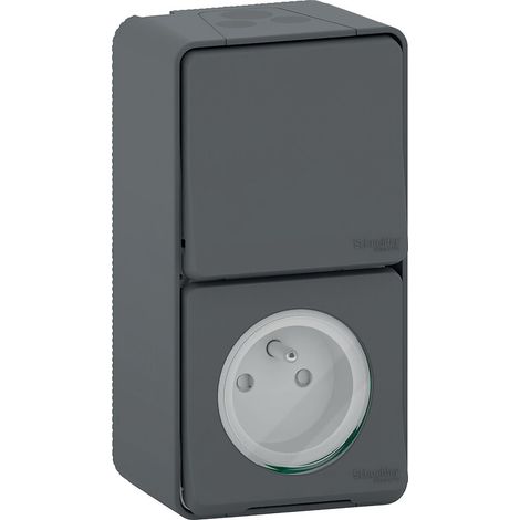 Schneider Electric – Prise courant 2P+T va-et-vient saillie IP55 IK08 gris – Pour montage extérieur – Résistante aux agents chimiques – Schneider