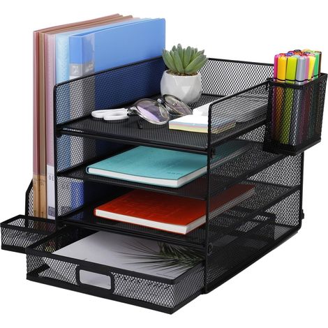 Organizador de escritorio de malla de 3 niveles tamaño A4 + portalápices + almacenamiento de documentos