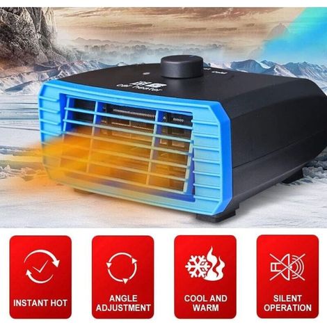 12V 150W Chauffage de voiture, Dégivreur de vitre de pare-brise de voiture, Ventilateur de refroidissement portable, Rotation à 360 °, pour l'été et l'hiver Bleu