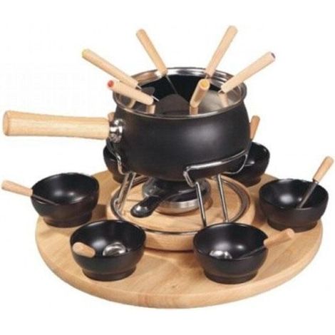 Appareil à fondue émaillé noir mat – Set de 25 pièces avec couvercle inox et réchaud chromé – 6 fourchettes et bols inclus – EVA