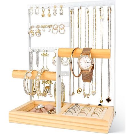 Porte Bijoux Présentoir à Bijoux Porte, 4 Étages Porte Bijoux Femme, Presentoir Collier Avec Plateau Pour Boucles d'Oreilles Et Trous, Pour Colliers, Bagues, Bracelets, Montres (Blanc) (1/5)