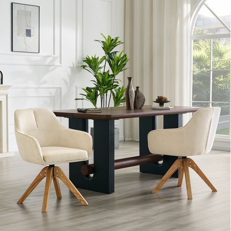 Lot de 2 chaises de salle à manger pivotantes en tissu beige et bois massif – assise 44,5 x 44 cm (1/5)