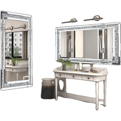 Miroir Mural, Design Élégant en Diamant Écrasé, Longueur Corps Entier, Argent, 120x60cm(48x24 inch) (1/2)