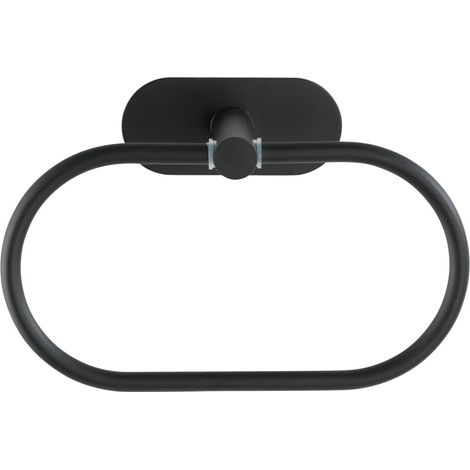 WENKO Porte Serviette salle de bain mural Orea Black, Anneau porte-serviette fixation sans perçage Turbo-Loc®, Acier inox, 20,5x12,5x7,5 cm, noir mat (1/5)