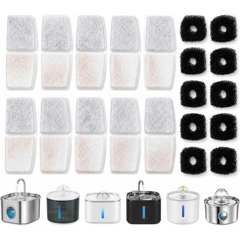 Lot de 20 Filtres pour Fontaine à Eau pour Chat et Chien - Charbon Actif et Mousse de Pré-filtration - Compatible Fontaines 2.5L et 3.2L