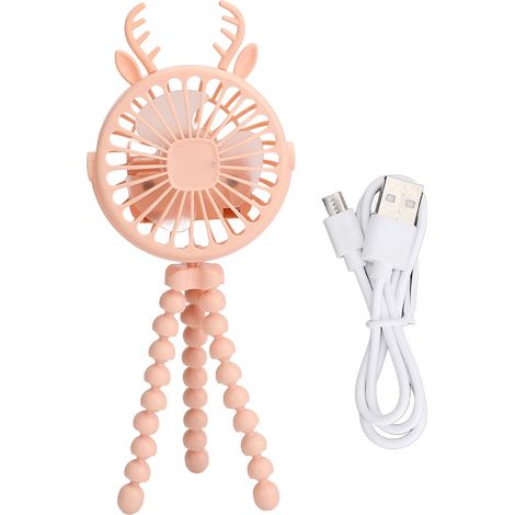 Ventilateur de poussette avec trépied flexible, clip rechargeable, 3 vitesses, éclairage LED, cornes de cerf cartoon, rotation 360°, rose (1/5)