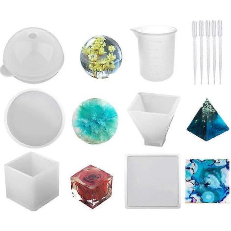 Moules en résine silicone gris clair, comprenant sphère, cube, pyramide, carré et rond, avec 1 gobelet doseur et pipettes de transfert. (1/5)