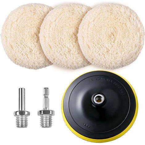 3 Pieces 7 Inch Wool Polishing Pads and Drill Polishing Wheel with M14 Adapter and Adhesive Disc (1/4)