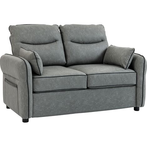 HOMCOM Loveseat Sofa, Faux Leather Sofa with Thicken Cushion, Grey
