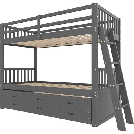 Cama litera infantil 90 x 200 cm de madera y MDF con cama nido, escalera y 3 cajones, gris MODENUIT (1/5)