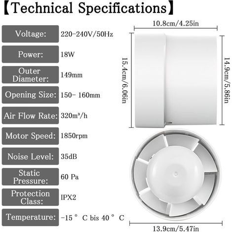 Abluftventilator 100/150 mm, 12W/130m³-320m³, Inline-Kanal-Axialabluft: Bad, Küche, Keller, leiser Rohrventilator für Wohnung, Dachboden (Ø15 cm) (1/3)