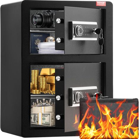 VEVOR Caja Fuerte de 99,1 L con Puertas Dobles, Cerradura con Llave y Contraseña, Bolsa Ignífuga, Estante para Llaves, Luz LED y 2 Divisores Ajustables y Extraíbles para Dinero, Documentos, Negro