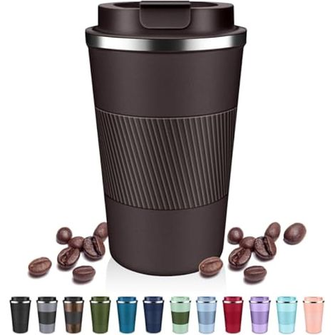 Gobelet à café isotherme avec couvercle à rabat – 355 ml / 500 ml – Tasse à café de voyage en acier inoxydable – Tasse à café réutilisable – Garde les boissons froides et chaudes pour le café (1/5)