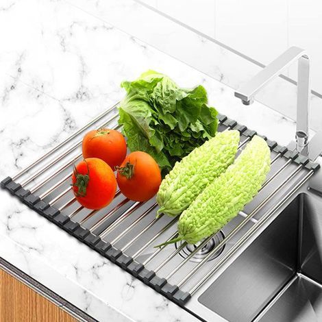 Escurridor de platos de cocina, escurridor de platos plegable, escurridor de platos de acero inoxidable, escurridor de platos de encimera para fregadero, alfombrilla escurridora de platos, 43 x 35 cm (1/5)
