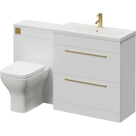 Napoli 390 Cento Gloss White 1400mm 2 Drawer Vanity Unit Toilet Suite with Glide Basin - 1400mm - Brushed Brass 480mm HandleWith Kingston Toilet Pan and Seat