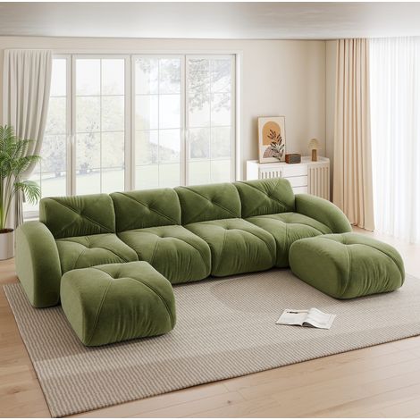 FloraGrace Canapé modulaire U en chenille verte, 4 places, sans structure, avec 2 poufs (1/5)