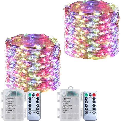 Guirlande lumineuse intérieure à piles - 2 x 100 LED - Avec minuterie - 8 modes - Mini guirlande lumineuse de 10 m - Avec télécommande - Petite guirlande lumineuse LED à intensité variable - Pour (1/5)