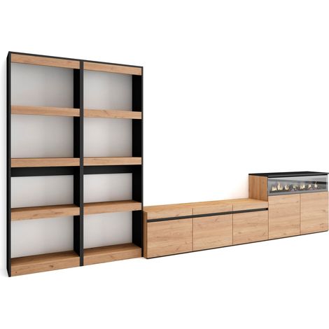 Skraut Home – Ensemble meuble TV moderne avec cheminée électrique – Dimensions 370x35x186cm – Pour TV jusqu'à 65" – Chêne et noir (1/5)