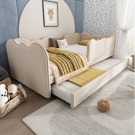 Lit banquette nuage rembourré en lin beige 90x190 cm avec lit gigogne, tête de lit rembourrée et sommier à lattes (1/5)