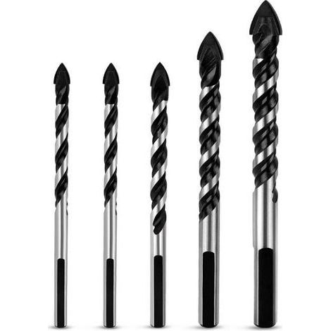 5 Pcs Jeu de forets multimateriaux pour carrelage, beton, brique, verre, plastique et bois Mur de briques en carbure de tungstene (1/4)