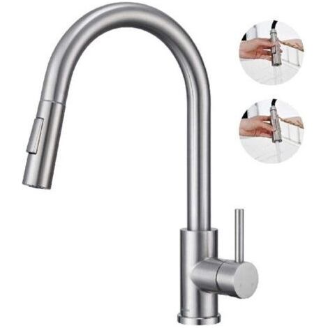 Robinet de Cuisine avec Douchette Extractible Mitigeur Cuisine Bec Rotatif Mitigeur d'Évier en Acier Nickel Brossé (1/4)
