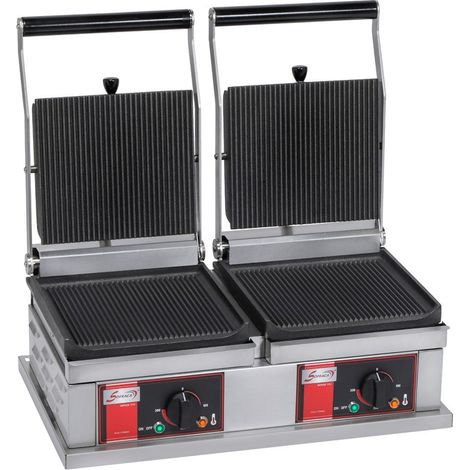 Grill panini double - Petit modèle - 4 plaques rainurées - long. 590 mm - Sofraca (1/3)