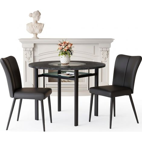 Ensemble table ronde avec 2 fauteuils noirs, table à manger diamètre 100 cm, plateau effet bois et verre trempé central (1/5)