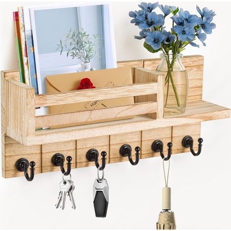 JF HOME BLISS Key Holder for Wall with 6 Hooks & Mail Shelf Rustic Wooden Key Rack Wall Mounted Entryway Organizer for Keys Mail Sunglasses for Hallway Kitchen Office Bedroom Wood (1/5)