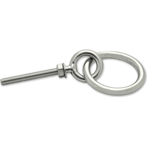 Docks, Lot de 2 pitons à œil avec anneau et écrou filetage métrique, Acier inoxydable, M5, Diam. intérieur anneau 30 mm, Longueur filetage 40 mm, Fixation sur une paroi