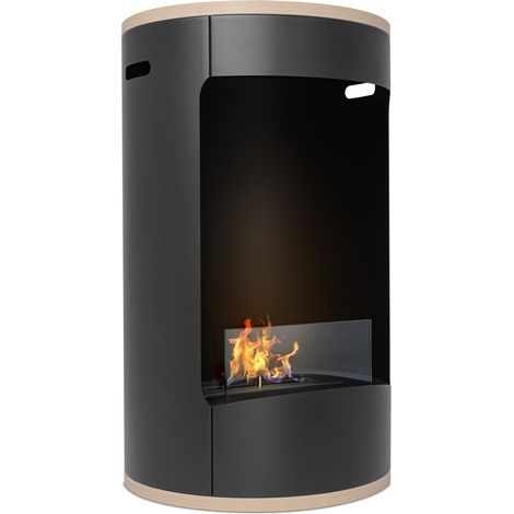 Frankystar – Cheminée bioéthanol autoportante en acier inoxydable – Brûleur 1,5L – Pour 20-25 m² – Étagères en bois mélaminé – Ø 40xH67,5 cm noir