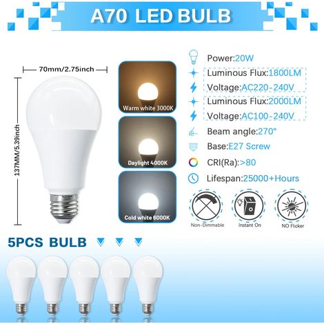 (5 ampoules, lumière blanche chaude 3000K) Ampoules LED A70, sans scintillement, indice de rendu des couleurs CRI 80+, convient aux chambres, couloirs, etc. (1/5)