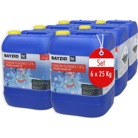 Höfer Chemie Chlore liquide 6 x 25 kg (150 kg) - Chlore liquide 48° pour piscine avec une teneur en chlore actif de 13 à 15% pour l'entretien des piscines et la désinfection de l'eau - Made in Germany