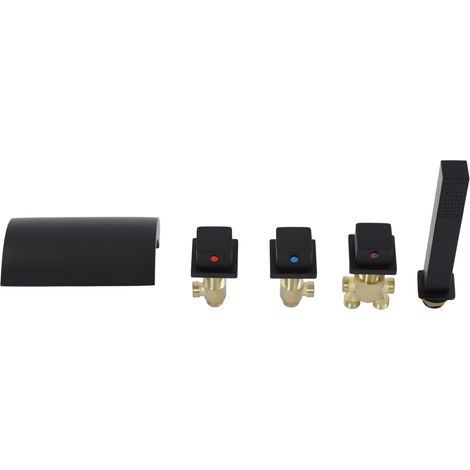 Robinet de baignoire noir moderne en laiton, chaude et froide - Mitigeur cascade avec douchette, pour bain et spa, G1/2, 3 commandes (2 valves + 1 commutateur) (1/5)