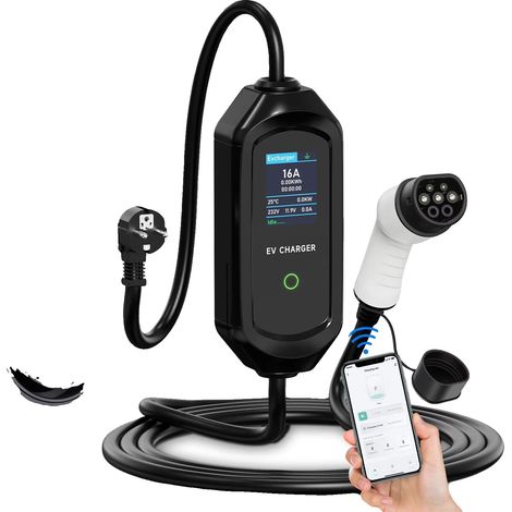 Cargador para vehículos eléctricos, corriente ajustable, control mediante aplicación inteligente, color azul. (1/2)