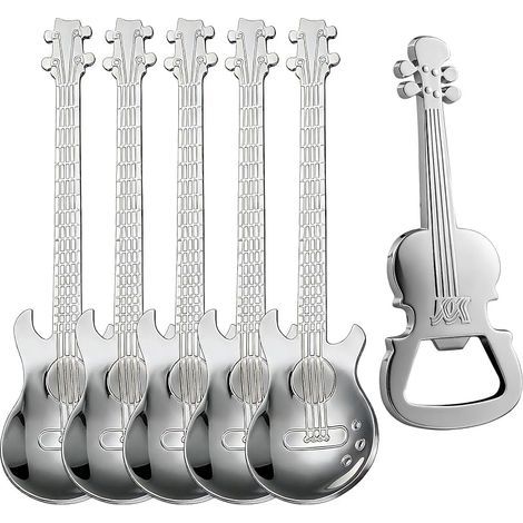 Lot de 6 Cuillères à Café Guitare en Acier Inoxydable - Petites Cuillères à Dessert Créatives - Idée Cadeau Original pour Musiciens, Noël et Anniversaire - Coffret Vaisselle Musicale (1/5)
