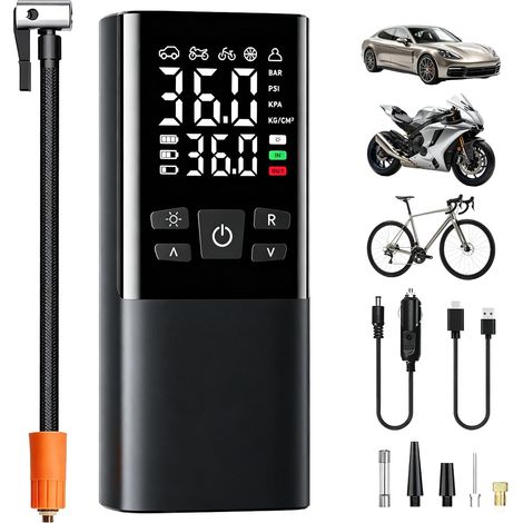 Gonfleur Pneus Voiture sans Fil 150 PSI, Compresseur à Air Portatif 6000 mAh Rechargeable avec Écran LCD et Lumière LED, Pompe à Air Électrique pour Voiture Moto Vélo Ballon Noir (1/5)