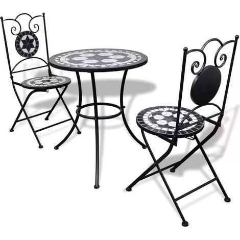 Table ronde et 2 chaises de jardin mosaïquées noir et blanc Mel (1/5)