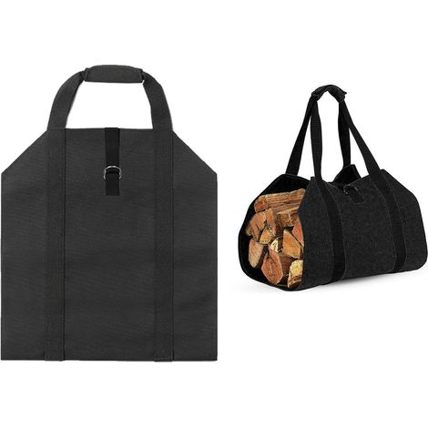 Sac à bûches en toile Oxford noire, double poignée, ouverture latérale complète, grande capacité et robuste. (1/5)