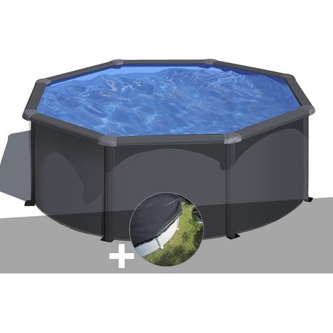 GRE – Piscine hors sol ronde acier gris anthracite 3,20 x 1,22 m – Volume 7,60 m³ – Système de filtration à sable inclus – Échelle de sécurité