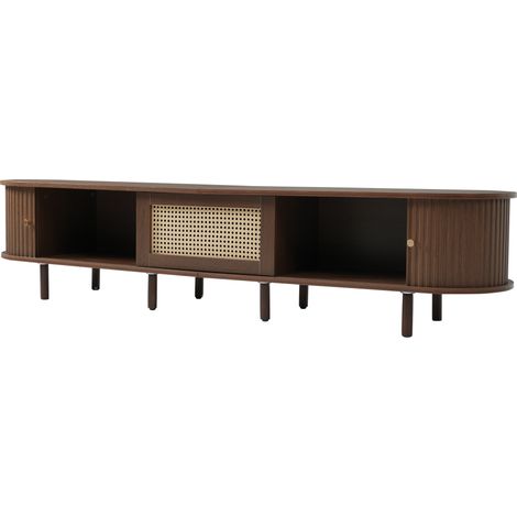 Ovales TV-Lowboard 180 cm aus MDF in dunkler Nussbaumfarbe mit Rattan-Effekt und verstellbaren Füßen (1/5)
