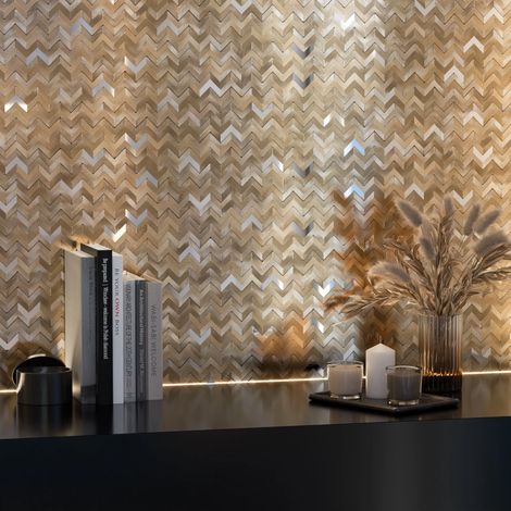 Mosaik aus satiniertem Aluminium auf Netz für Bad oder Küche 30 cm x 30 cm - Gold Chevron